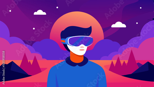 Virtual Reality Escape A person wearing a blurring bionic headset immersed in a virtual landscape filled with stunning imagery demonstrating the fusion of reality and digital