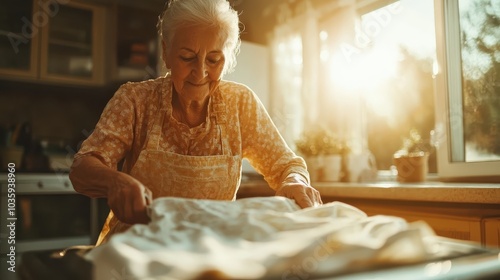 An elderly woman, dressed in a vintage apron, is baking by a window with sunlight streaming in, beautifully capturing the essence of nostalgia and warmth. photo