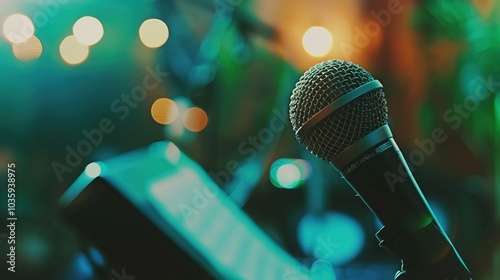 Close-up of microphone on stand in soundproof recording studio, positioned in front of script stand, symbolizing voice acting and audio production.