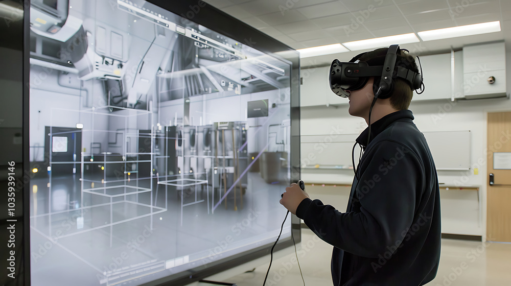 A man wearing a VR headset interacts with a virtual reality simulation on a large screen. A man wearing a VR headset interacts with a virtual reality simulation on a large screen.