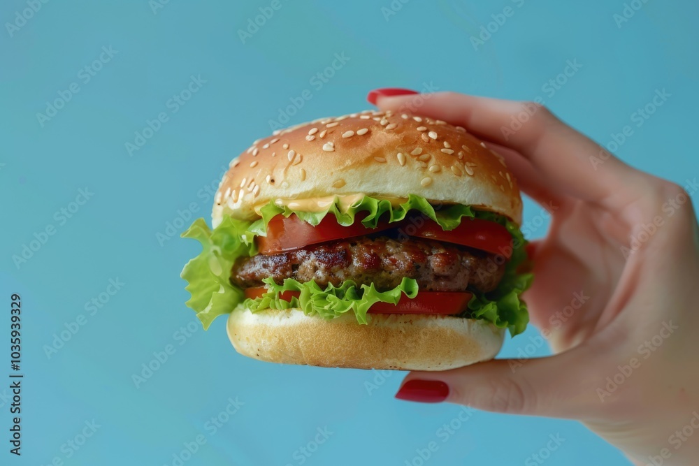 burger close up on a hamburger in a female hand on a blue background burger close up on a hamburger in a female hand on a blue background