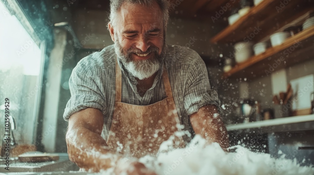 An elderly man with a grey beard kneads dough passionately, with flour splashing around him. The scene captures a warm and inviting rustic kitchen environment. An elderly man with a grey beard kneads dough passionately, with flour splashing around him. The scene captures a warm and inviting rustic kitchen environment.
