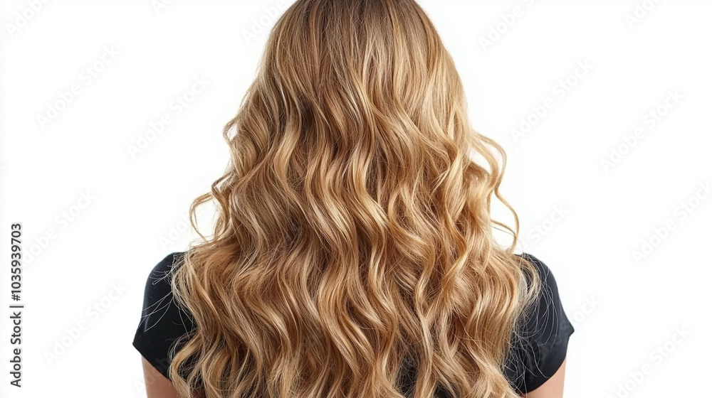 Obraz premium A woman with curly long blonde hair from back view,