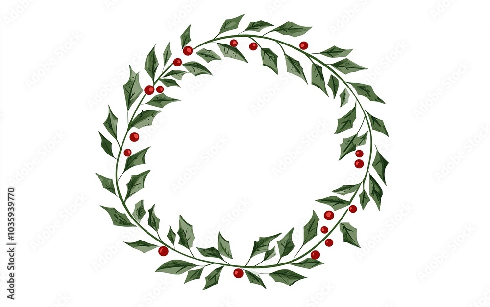 Naklejka premium A festive holly wreath adorned with red berries on a white background, perfect for holiday decorating or seasonal cards