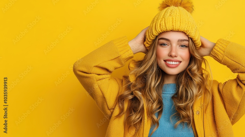 A vibrant, smiling woman wearing a yellow coat and knit hat stands in front of a yellow background. Her cheerful expression exudes warmth and joy. A vibrant, smiling woman wearing a yellow coat and knit hat stands in front of a yellow background. Her cheerful expression exudes warmth and joy.