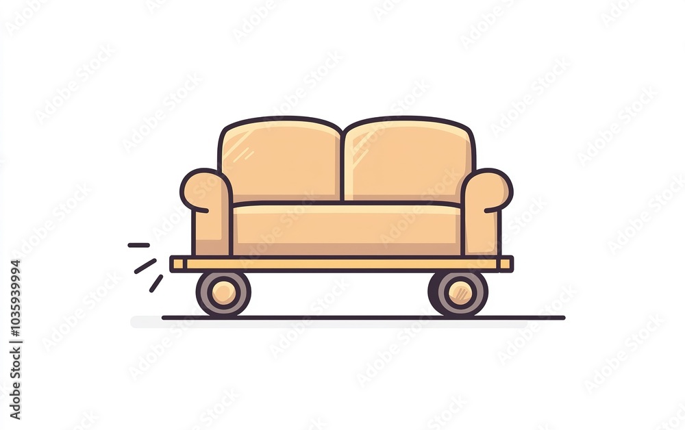 A comfortable couch on a wheeled cart being moved across a bright, minimalist living space in the early afternoon A comfortable couch on a wheeled cart being moved across a bright, minimalist living space in the early afternoon
