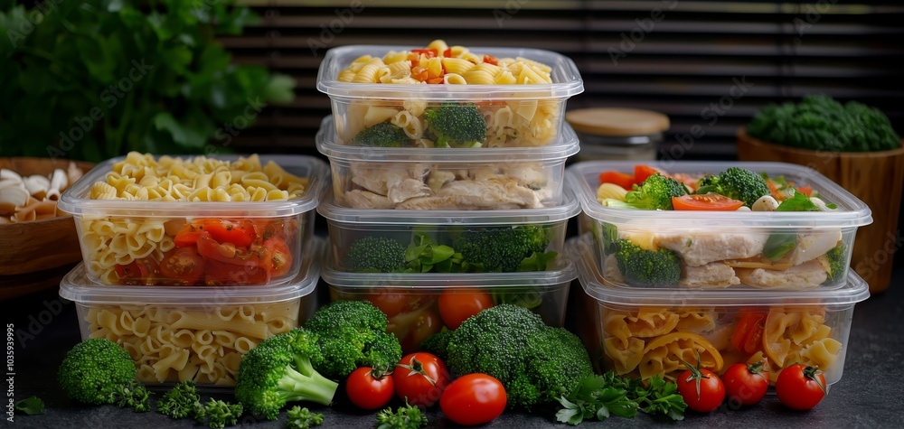 Meticulously Organized Healthy Meal Prep Vibrant Food Pyramid in Clear Containers on Wooden Surface Meticulously Organized Healthy Meal Prep Vibrant Food Pyramid in Clear Containers on Wooden Surface