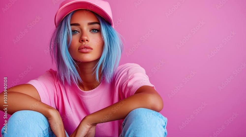 A young blue-haired woman exudes casual charm in a pink attire, paired with a matching pink cap. The vibrant pink backdrop enhances her playful and relaxed aura.