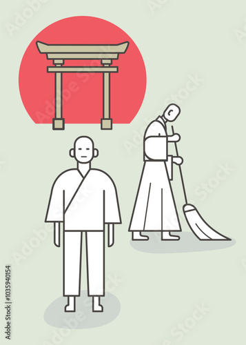 Two Zen Monks Working in the Temple Garden. One is facing the front with his work suit. The other behind sweeping. Vector illustration.