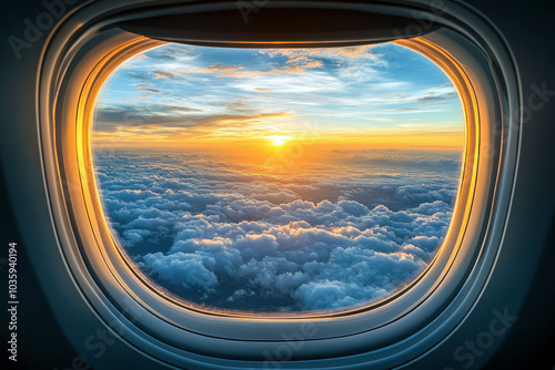 Airplane window view of stunning sunrise above the clouds