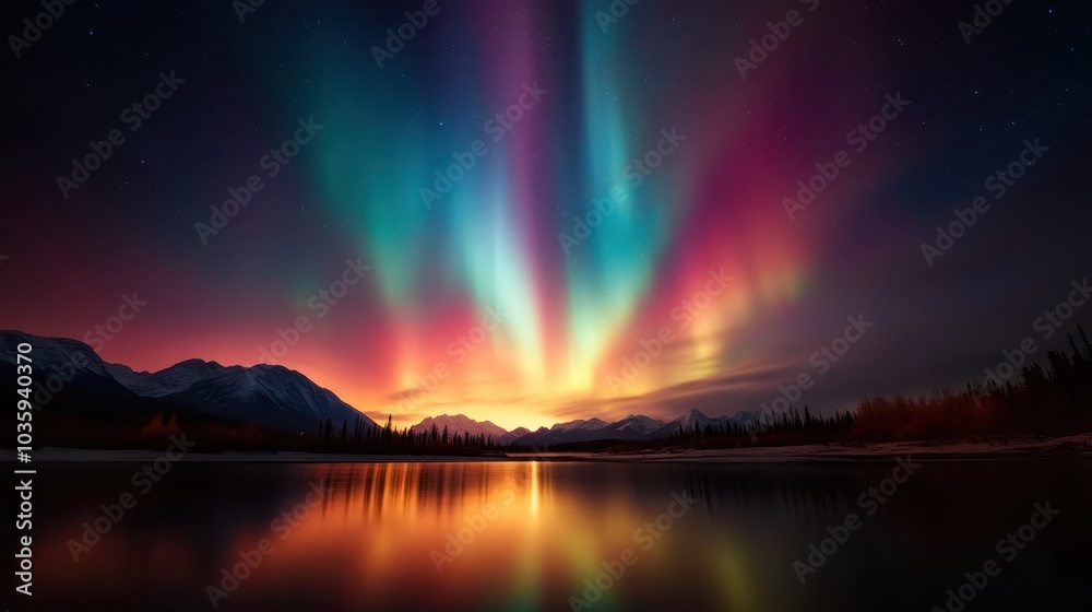 A stunning view of the aurora reflecting vividly on a calm lake surrounded by rugged mountains, transforming the night into a symphony of colors and light. A stunning view of the aurora reflecting vividly on a calm lake surrounded by rugged mountains, transforming the night into a symphony of colors and light.