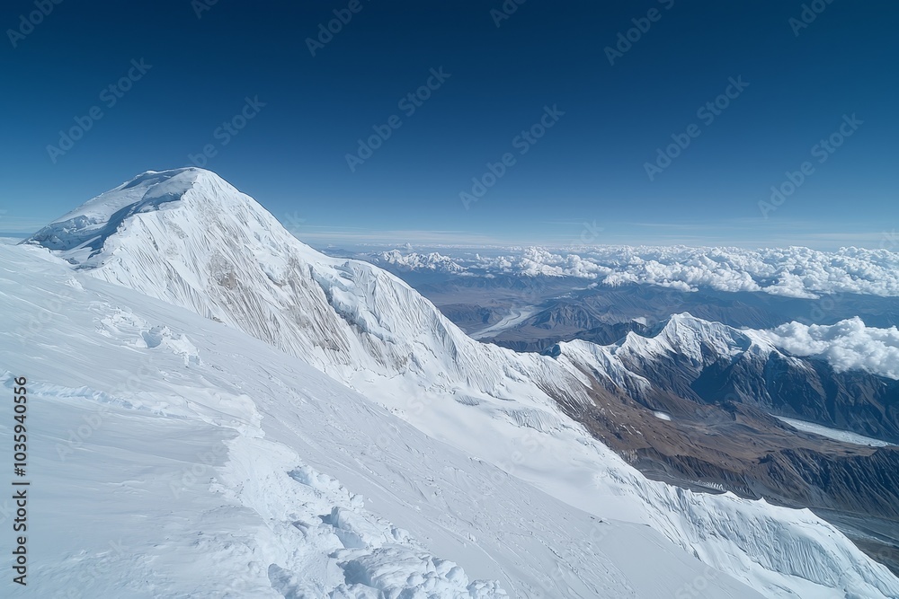 Obraz premium Majestic Snow-Capped Mountain Range Panorama Awe-Inspiring Wide-Angle Landscape with Blue Sky and Clouds - Serene Nature Scene for Outdoor Enthusiasts