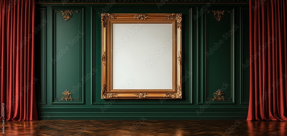 Opulent Grandeur Ornate Empty Frame in Symmetrical Room with Rich Green Paneling and Velvet Curtains Luxurious Interior Design Setting Opulent Grandeur Ornate Empty Frame in Symmetrical Room with Rich Green Paneling and Velvet Curtains Luxurious Interior Design Setting