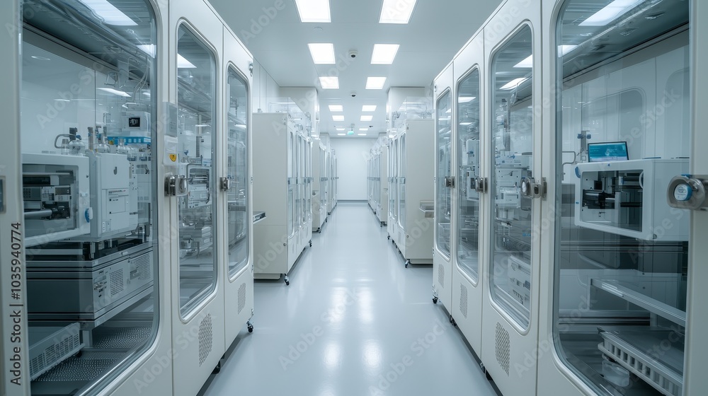 Obraz premium Clinical Precision Symmetrical Rows of White Machinery Cabinets in Bright Corridor Modern Technology Laboratory Concept