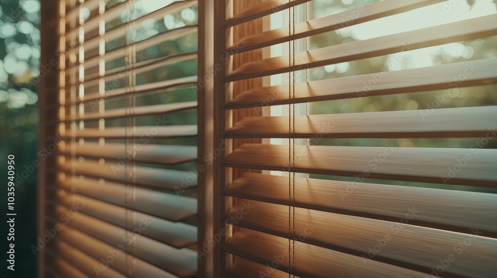 Natural Elegance Close-up of Wooden Blinds Revealing Serene Outdoor View, Warm Sunlight Filtering Through - Interior Design Concept Natural Elegance Close-up of Wooden Blinds Revealing Serene Outdoor View, Warm Sunlight Filtering Through - Interior Design Concept