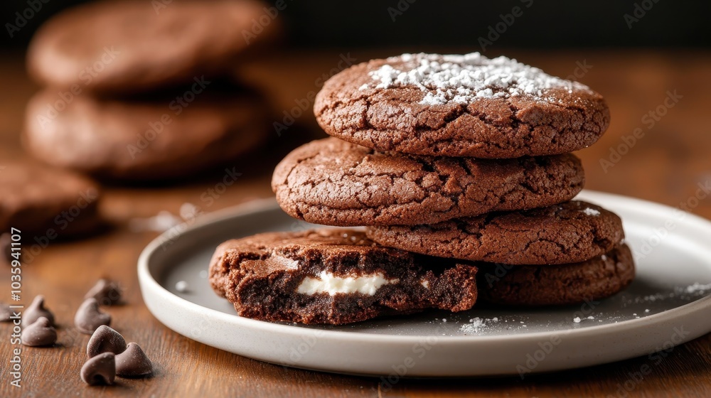 Stack of chocolate cookies with a creamy center, sprinkled with powdered sugar, ready to be enjoyed as a sweet and satisfying treat. Stack of chocolate cookies with a creamy center, sprinkled with powdered sugar, ready to be enjoyed as a sweet and satisfying treat.