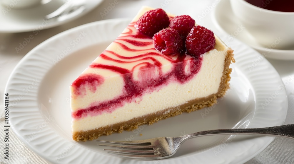 A decadent slice of raspberry cheesecake with a buttery graham cracker crust, creamy cheesecake filling, and raspberry swirls A decadent slice of raspberry cheesecake with a buttery graham cracker crust, creamy cheesecake filling, and raspberry swirls
