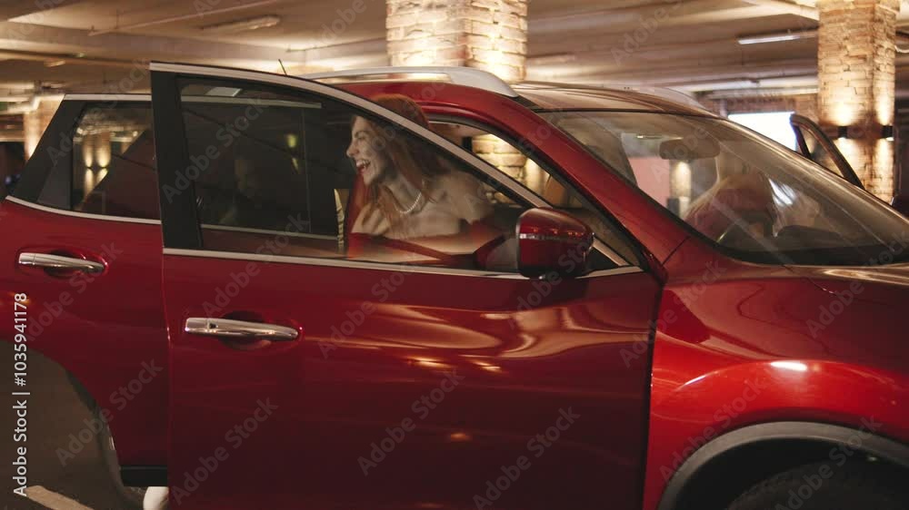 Three Stylish and Joyful girfriends Step Out of a Red SUV on the Parking Lot and Head to a Party for a Fun and Exciting Night Out Three Stylish and Joyful girfriends Step Out of a Red SUV on the Parking Lot and Head to a Party for a Fun and Exciting Night Out