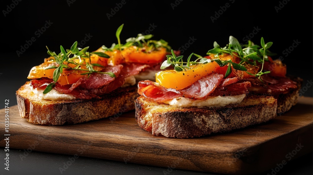 The image presents a sophisticated arrangement of bruschetta crowned with rich cheese, succulent prosciutto, and vibrant tomatoes, exuding elegance and savory delight. The image presents a sophisticated arrangement of bruschetta crowned with rich cheese, succulent prosciutto, and vibrant tomatoes, exuding elegance and savory delight.