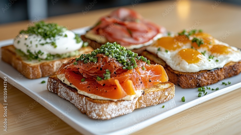 The image captures breakfast bruschetta with smoked salmon, creamy spread, and sunny-side-up eggs, creating a delightful morning meal full of flavor and freshness. The image captures breakfast bruschetta with smoked salmon, creamy spread, and sunny-side-up eggs, creating a delightful morning meal full of flavor and freshness.