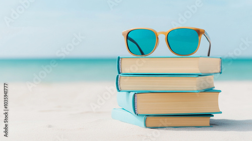 
A stack of books with sunglasses on top, placed against the backdrop of an outdoor beach setting, symbolizing reading and relaxation during summer break.
