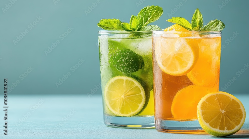Two beverages, one green with lime and mint, the other orange with lemon, are placed against a cool blue background, refreshing and vivid in appearance. Two beverages, one green with lime and mint, the other orange with lemon, are placed against a cool blue background, refreshing and vivid in appearance.