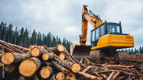 A heavy yellow excavator is operating in a log yard, surrounded by stacked timber under a cloudy sky, indicating active logging operations.