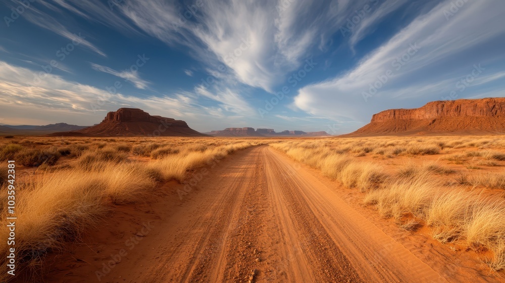 Fototapeta premium A dusted desert road winds through breathtaking natural vistas, inviting travel and adventure across boundless terrain, revealing rugged beauty against a dramatic sky backdrop.