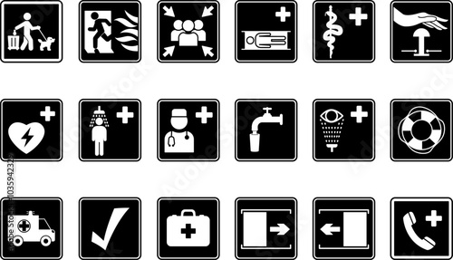 Black Safety and First Aid Signs. Vector Icons Fire Exit, Medical Station, Doctor, Defibrillator, Stretchers, Emergency Shower, First Aid Kit and Others