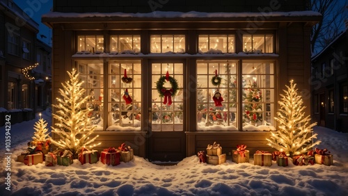 A winter evening with a glowing shop window decorated with traditional Christmas decorations