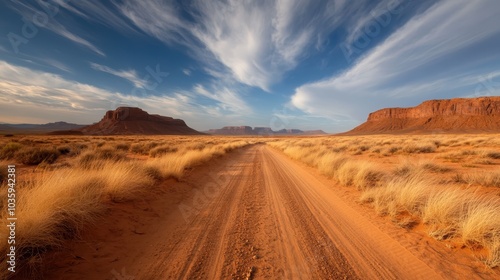 A dusted desert road winds through breathtaking natural vistas, inviting travel and adventure across boundless terrain, revealing rugged beauty against a dramatic sky backdrop.