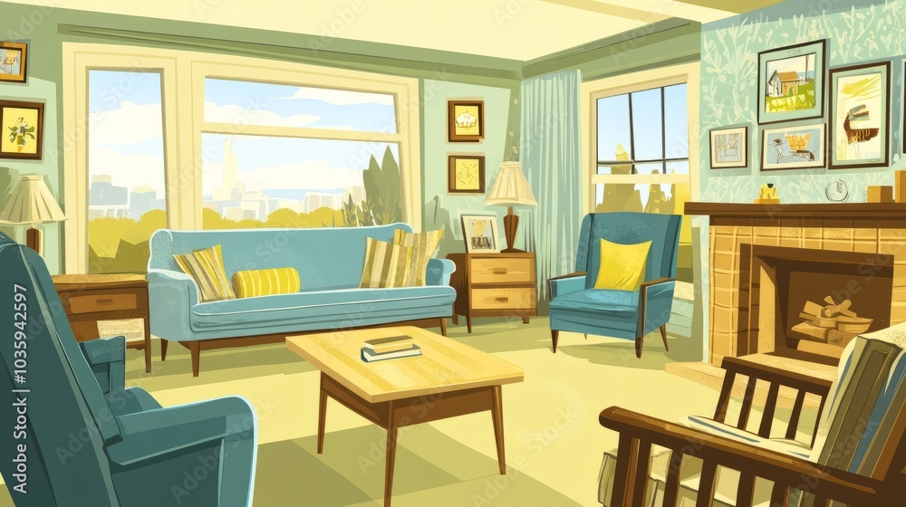 A cozy living room with a fireplace, a couch, chairs, and a coffee table.