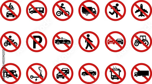 Red Prohibitory Round Road Signs. Vector Icons. No Traffic Jams, Trucks, Trolleybuses, Motorcycles, Buses, Bicycles, Pedestrians, Taxis, and More