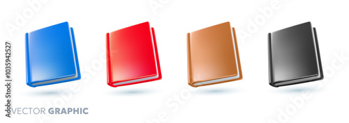 Vector set of illustration of realistic different color book with shine leather cover and shadow on white background. 3d style cartoon design of book collection
