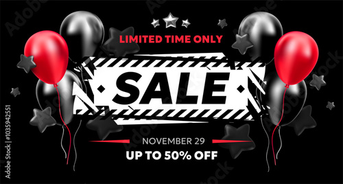 Vector black friday sale illustration with red helium air balloon and label lettering on dark background. 3d style sale business promotion design of black friday logo of discount day with air balloon