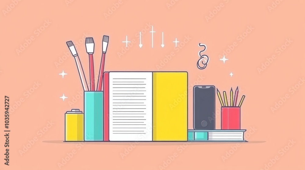 Obraz premium A flat illustration of a desk with a book, pencils, a phone, and paintbrushes.