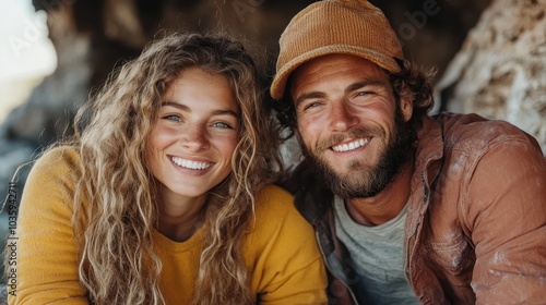 A joyful couple with bright smiles, basking in the natural beauty of the countryside, expressing a sense of warmth and connection through peaceful surroundings.