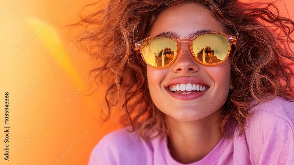 A smiling woman in sunglasses is captured against a vibrant orange backdrop, epitomizing joy, warmth, and the carefree spirit of modern, colorful aesthetics. A smiling woman in sunglasses is captured against a vibrant orange backdrop, epitomizing joy, warmth, and the carefree spirit of modern, colorful aesthetics.