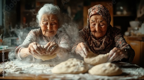 Amidst a cloud of flour, two elderly women shape loaves of bread, with determination and grace, capturing the essence of culinary tradition and teamwork.