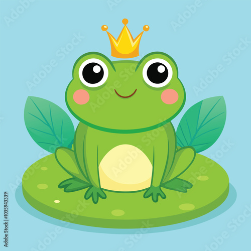 a frog wearing a crown sits on a pond with a crown on it