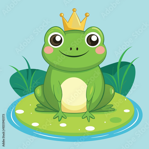 a frog wearing a crown sits on a pond with a crown on it