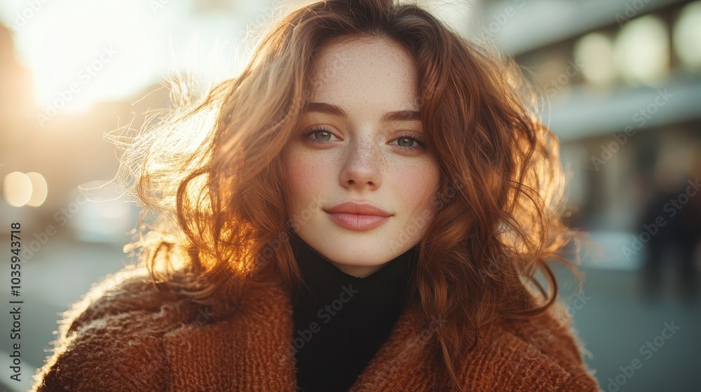 A captivating woman with red hair and freckles smiles warmly at the camera, bathed in the golden glow of the sunset, wearing a snug brown coat.