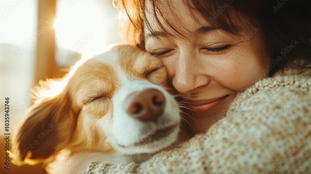 A woman lovingly embraces her dog, both with eyes closed, radiating warmth and happiness in a sunlit setting, showcasing the bond between humans and pets. A woman lovingly embraces her dog, both with eyes closed, radiating warmth and happiness in a sunlit setting, showcasing the bond between humans and pets.