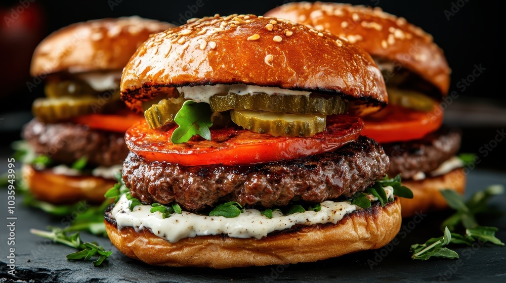 A delicious close-up of three juicy hamburgers topped with lettuce, tomatoes, and pickles on golden sesame seed buns, styled in a rustic setting. A delicious close-up of three juicy hamburgers topped with lettuce, tomatoes, and pickles on golden sesame seed buns, styled in a rustic setting.