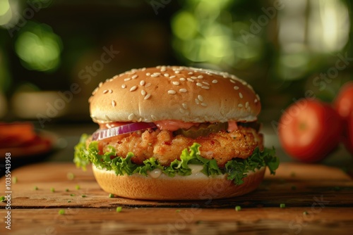 Fresh tasty chicken burger on wood table.  burger photo