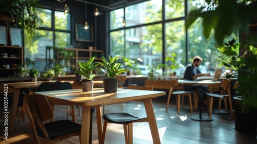 A modern café interior bathed in sunlight, showcasing abundant greenery and a relaxed atmosphere with people enjoying a break, connecting nature with urban lifestyle.