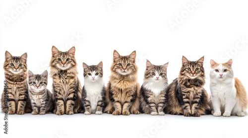 Seven adorable cats of different breeds and colors are sitting in a row against a white background.