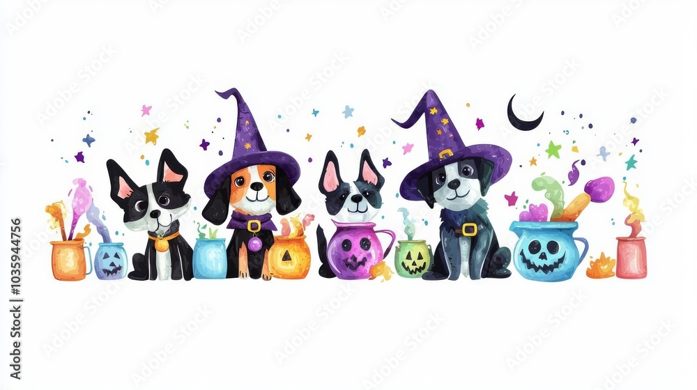 Playful cartoon dogs in witch hats, surrounded by colorful potions and Halloween decorations. Perfect for festive and pet-themed designs.