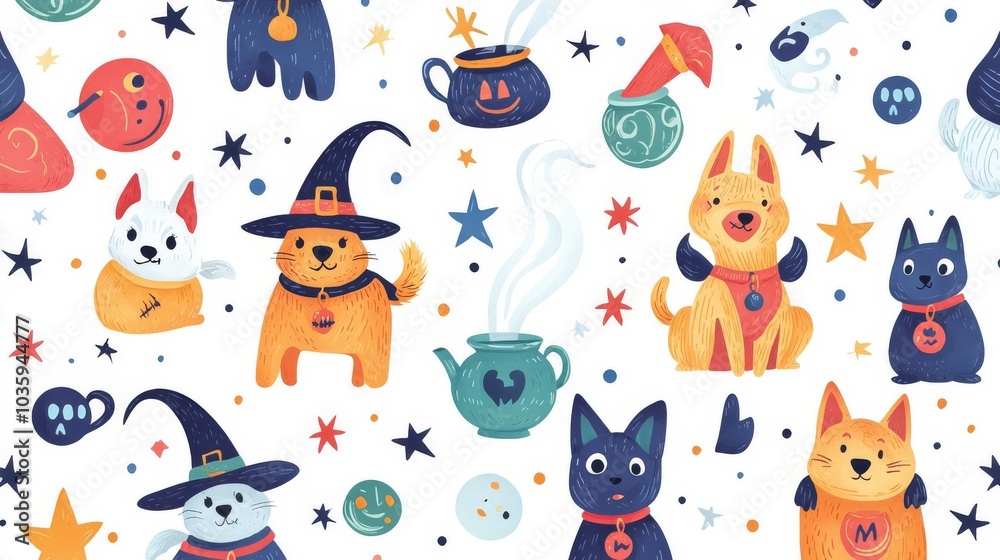 Whimsical illustration of playful cats and dogs in Halloween costumes, surrounded by magical elements and festive decorations. Whimsical illustration of playful cats and dogs in Halloween costumes, surrounded by magical elements and festive decorations.