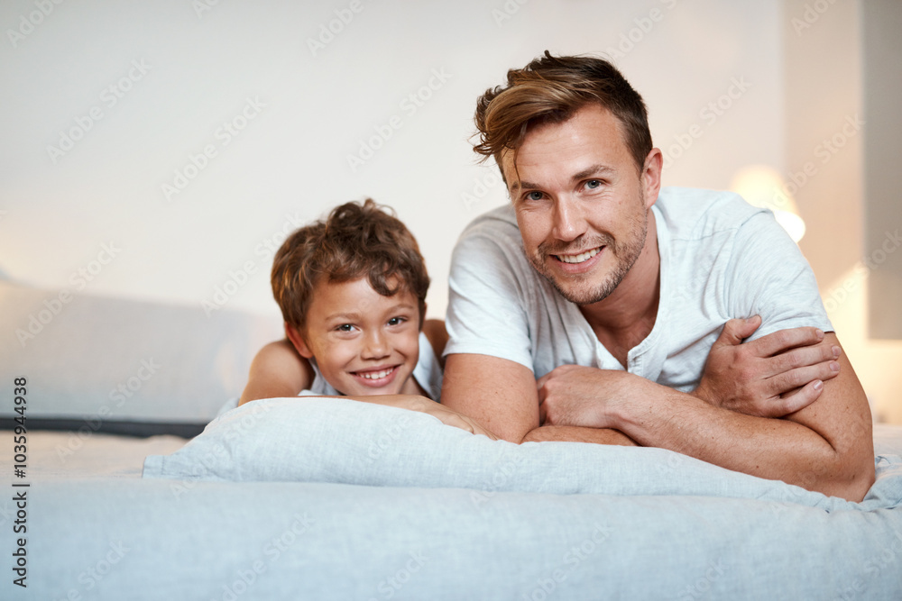 Bedroom, portrait and smile of father with son in home for bonding, love or wellness at night. Development, family or growth with boy child and single parent man on bed in apartment together Bedroom, portrait and smile of father with son in home for bonding, love or wellness at night. Development, family or growth with boy child and single parent man on bed in apartment together